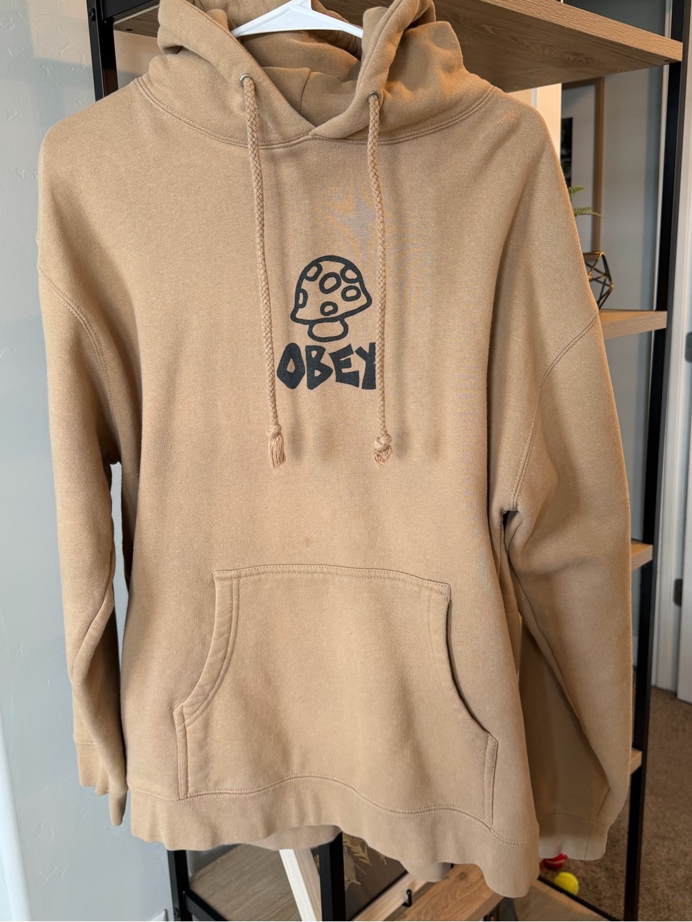 Obey Men's Tan Crewneck Hoodie with Black Logo Mushroom Graphic